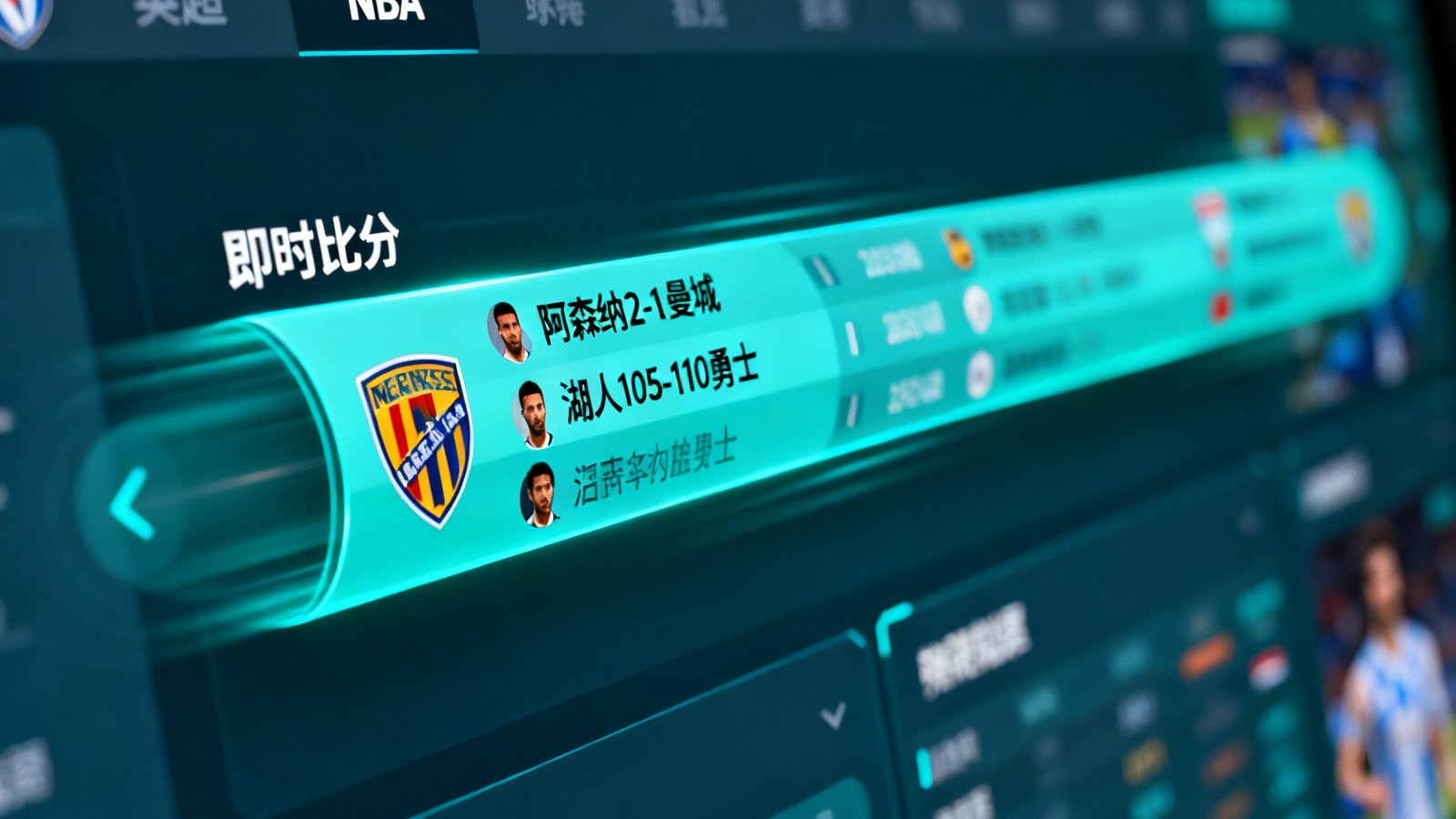 实时足球篮球比分大屏界面，展示英超、NBA等赛事即时比分滚动条与预测数据